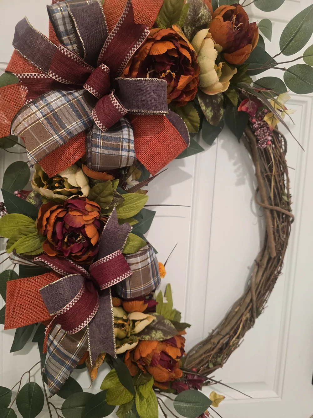 Autumn Floral Grapevine Fall Wreath with Burgundy & Orange Accents